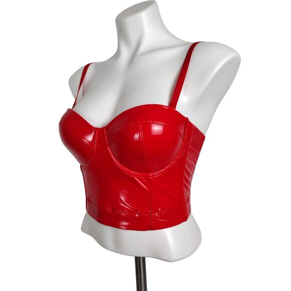 Red Convertible Shiny PU Leather Wet Look Bustier Corset Crop Top - Picture 3 of 9